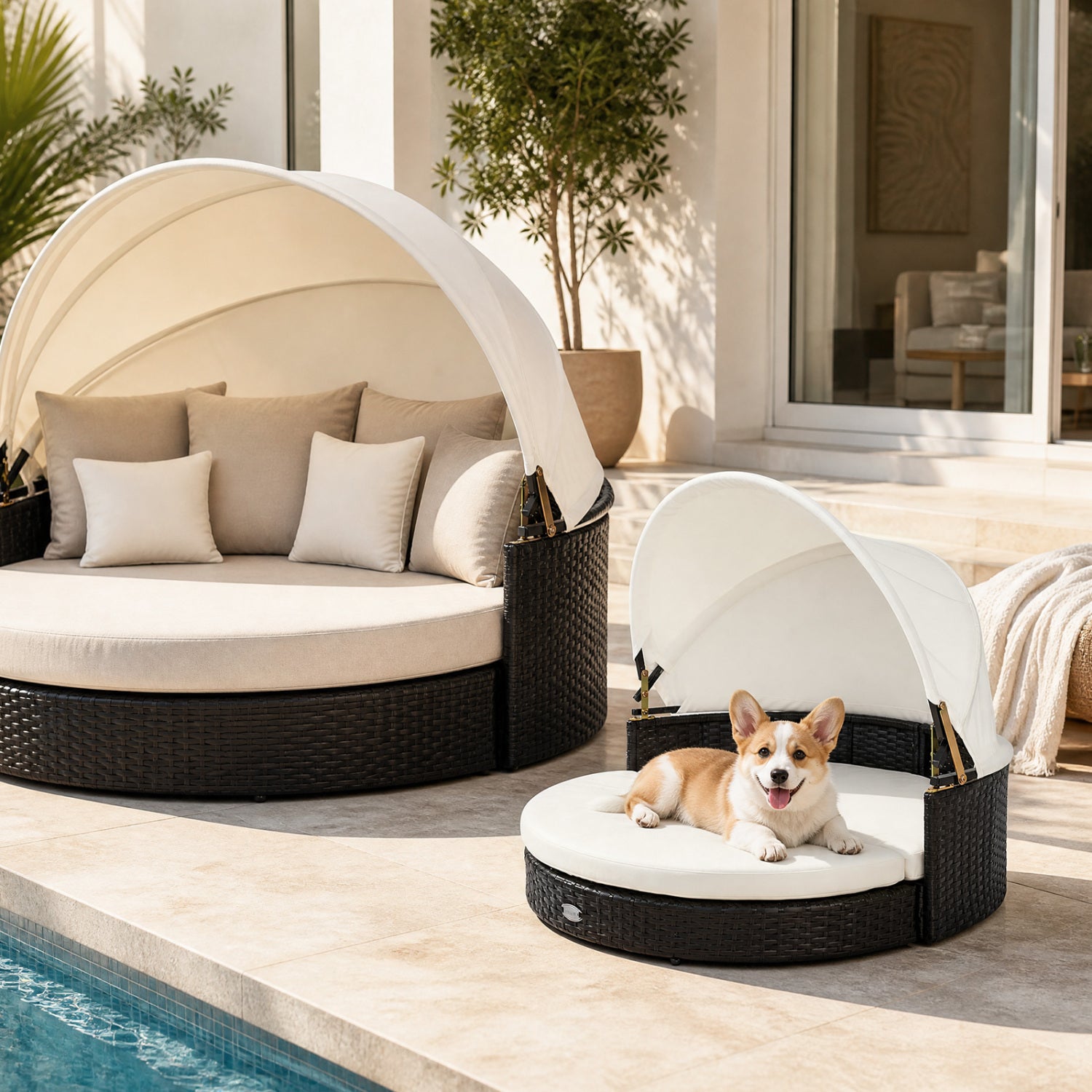 Wicker Dog House with Retractable Canopy & Removable Cushion for Small Medium - view 3