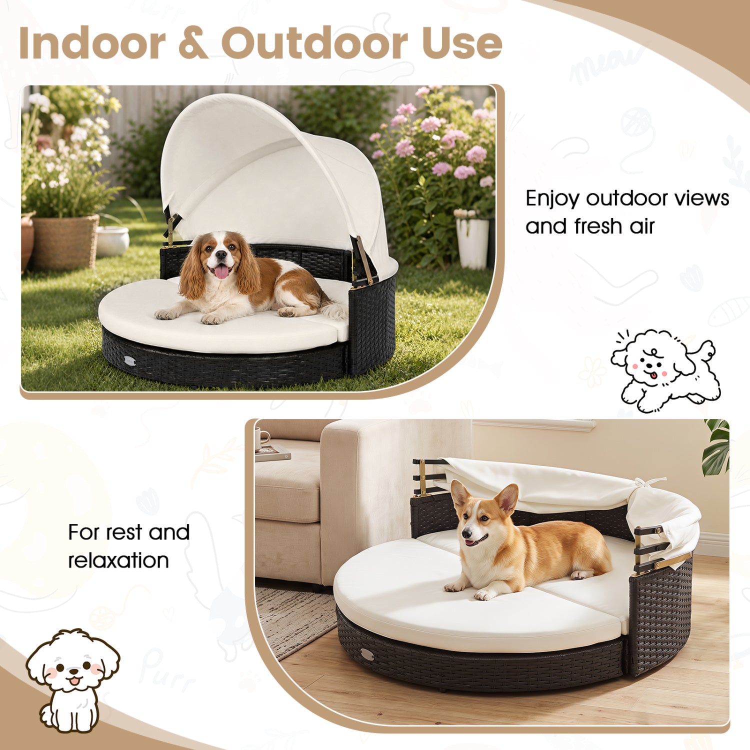 Wicker Dog House with Retractable Canopy & Removable Cushion for Small Medium - view 6