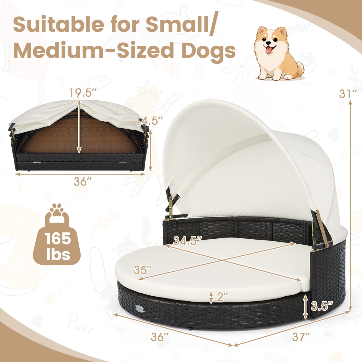 Wicker Dog House with Retractable Canopy & Removable Cushion for Small Medium - view 5