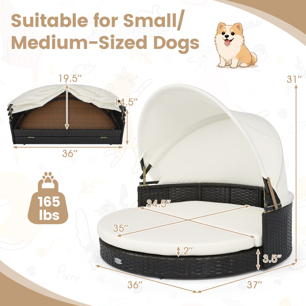 Wicker Dog House with Retractable Canopy & Removable Cushion for Small Medium - view 5