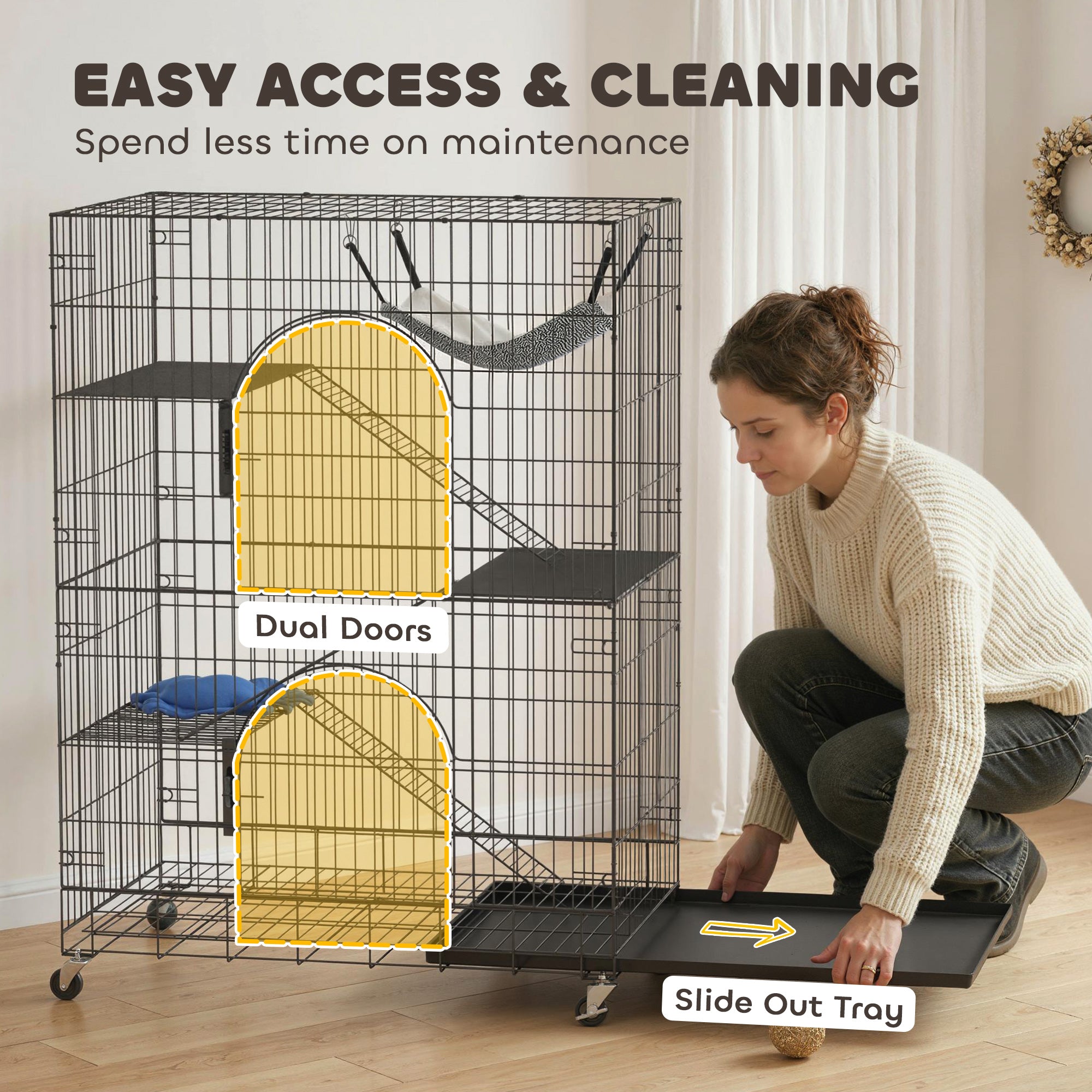 4-Tier Cat Cage, Large Cat Enclosure with Lockable Wheels, Tray, Hammock, Bed - view 6