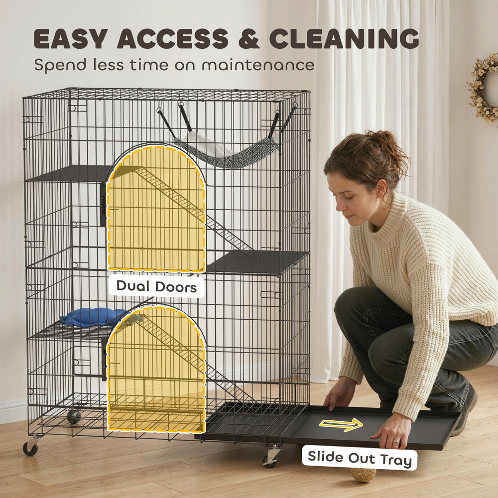 4-Tier Cat Cage, Large Cat Enclosure with Lockable Wheels, Tray, Hammock, Bed - view 6