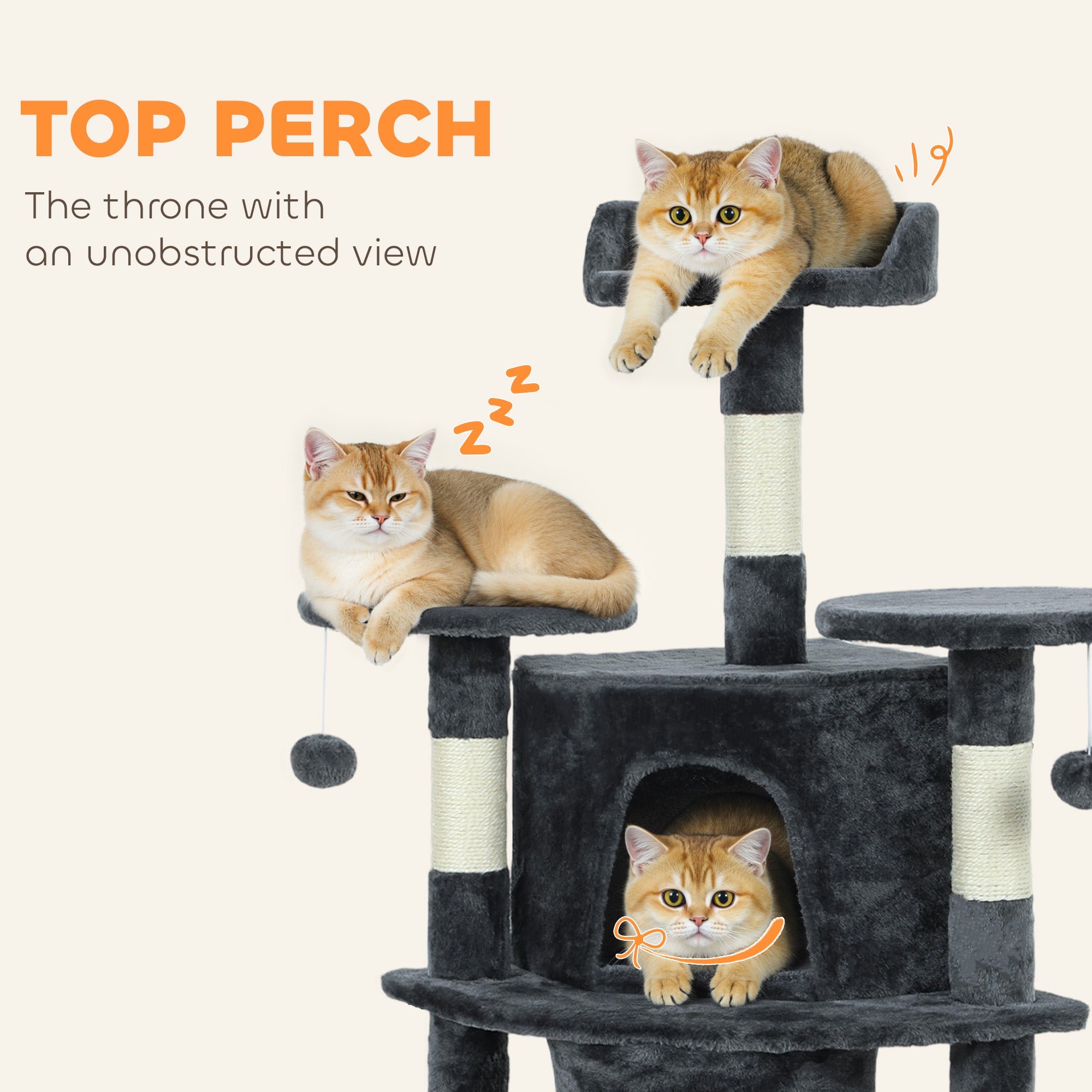 62" Cat Tree with Scratching Post, 2 Condos, Hammock, Perches, Plush, Pompoms - view 5