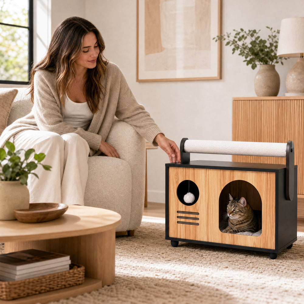Wooden Cat House with Scratching Post - view 2