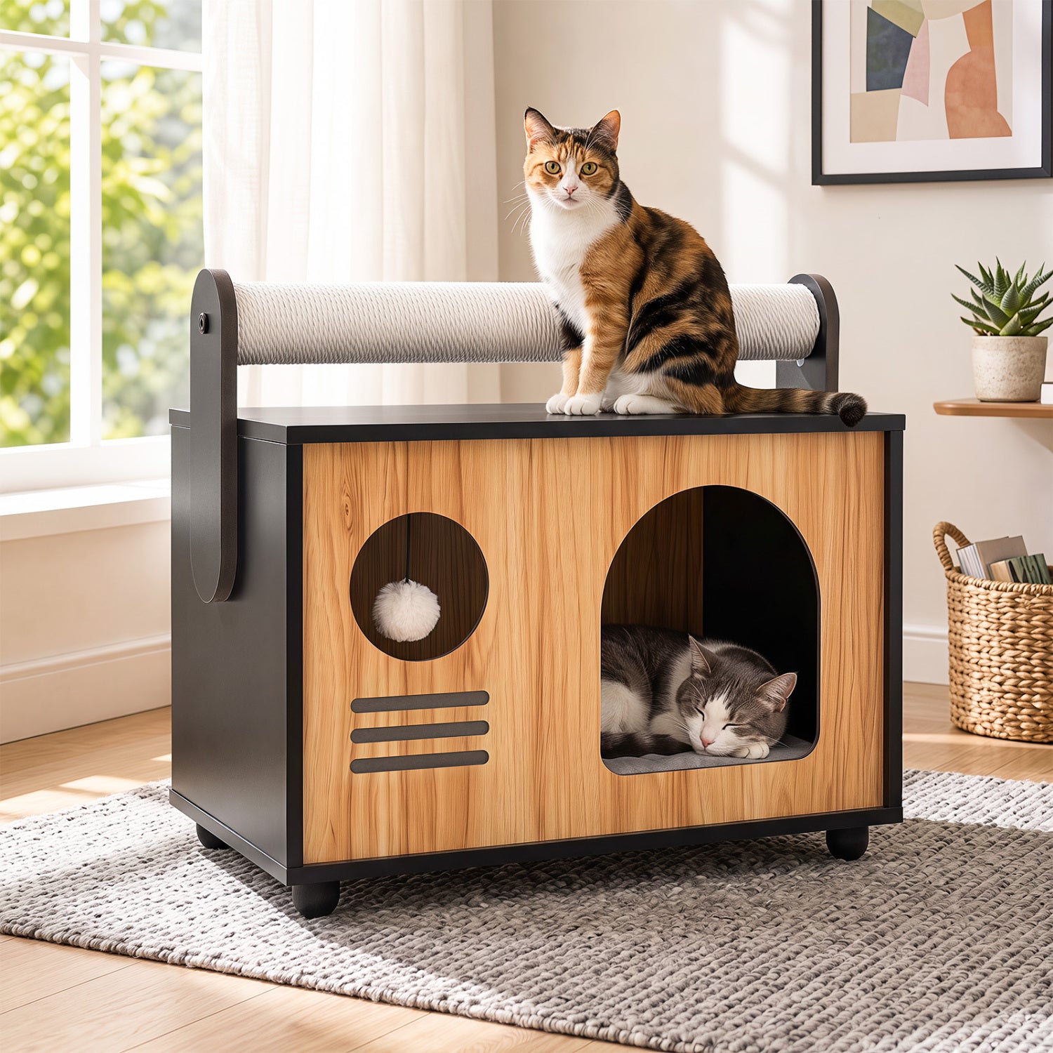 Wooden Cat House with Scratching Post - view 3