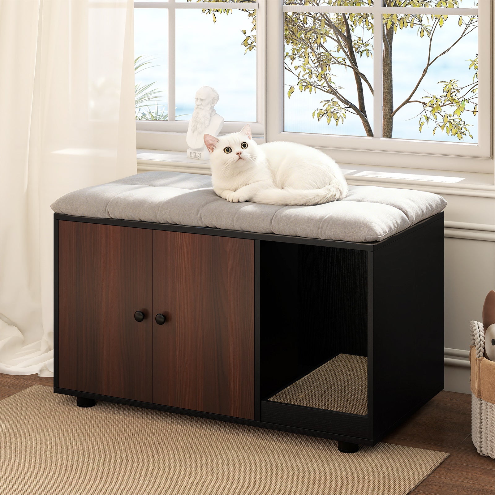 Wooden Cat Litter Box Enclosure Hidden Litter Box Furniture with Scratching - view 2