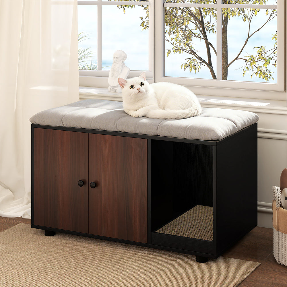 Wooden Cat Litter Box Enclosure Hidden Litter Box Furniture with Scratching - view 2