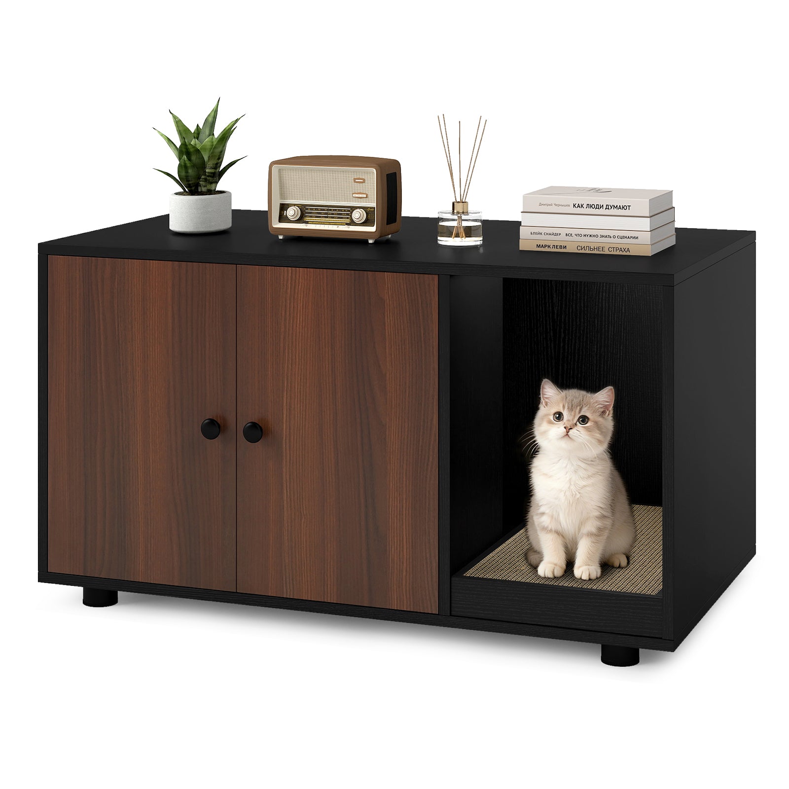 Wooden Cat Litter Box Enclosure Hidden Litter Box Furniture with Scratching
