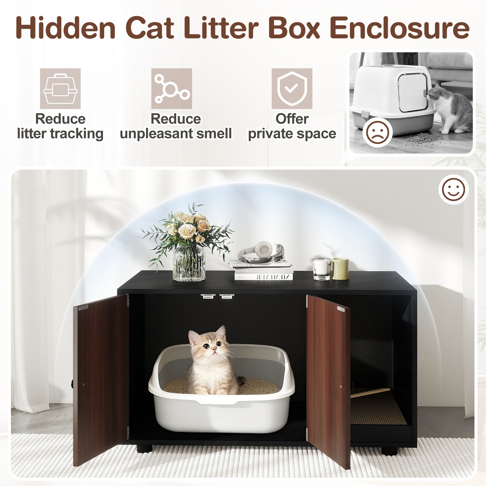 Wooden Cat Litter Box Enclosure Hidden Litter Box Furniture with Scratching - view 6