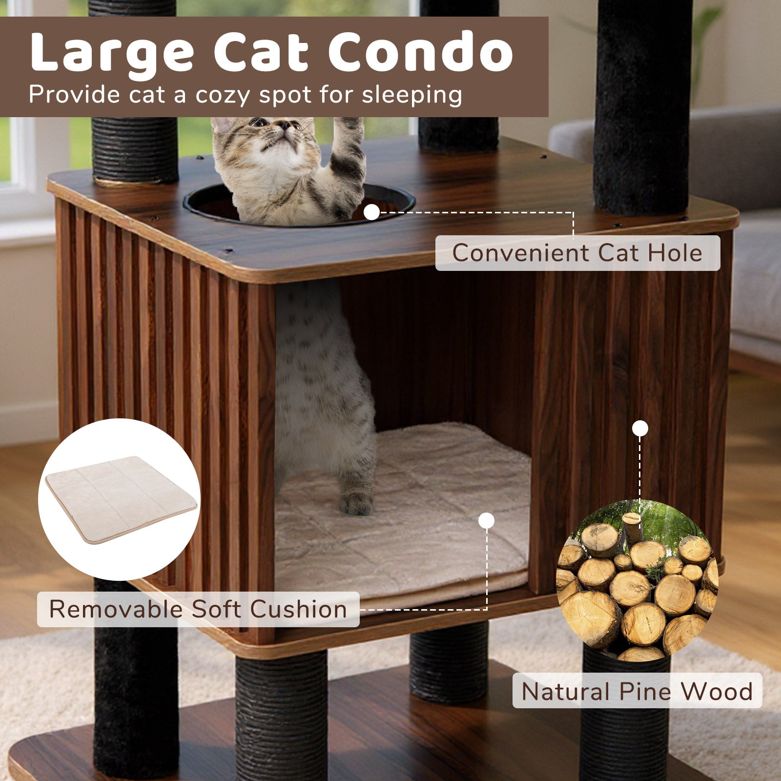 Wooden Cat Tower Top Perch with Soft Padding Cat Tree - view 6