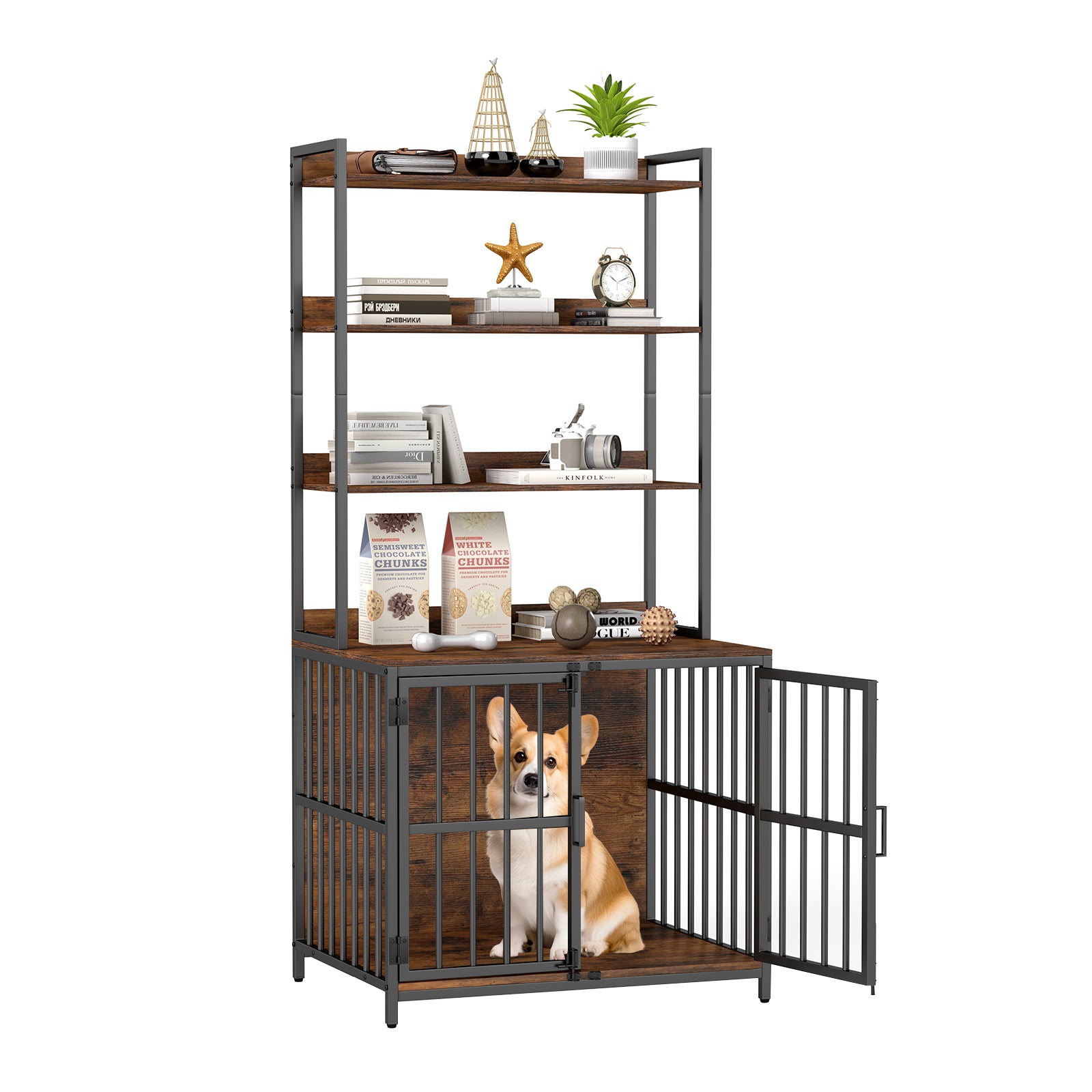 Wooden Dog Crate Furniture with Storage Shelves and Double Doors Dog Kennel - view 3