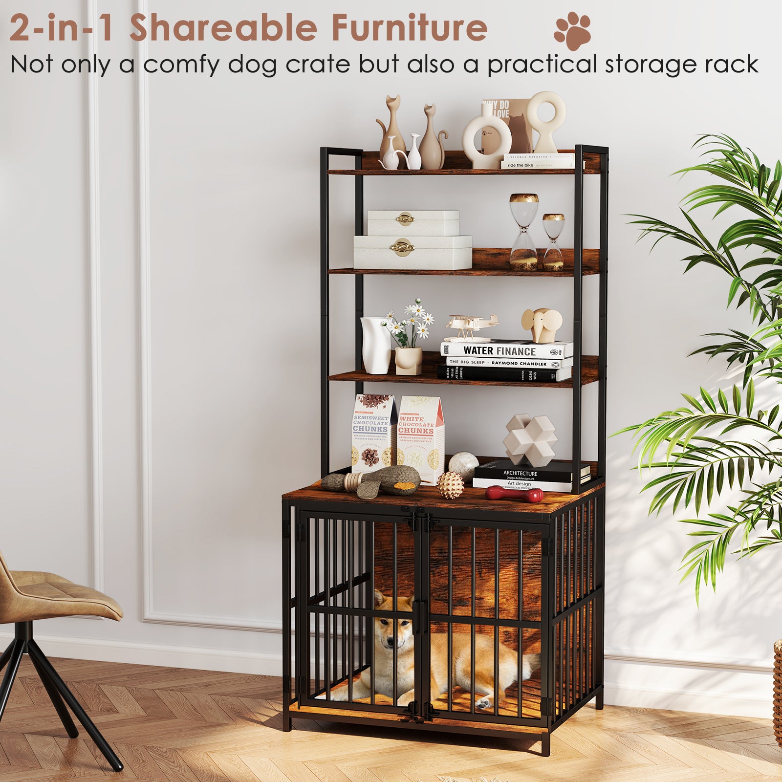 Wooden Dog Crate Furniture with Storage Shelves and Double Doors Dog Kennel - view 5