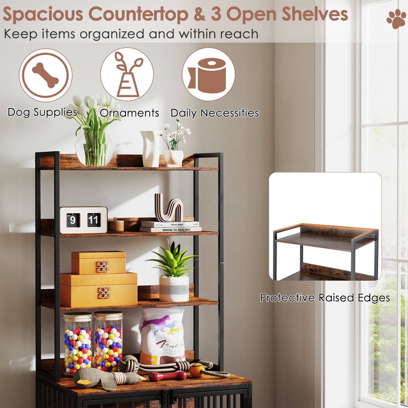 Wooden Dog Crate Furniture with Storage Shelves and Double Doors Dog Kennel - view 6