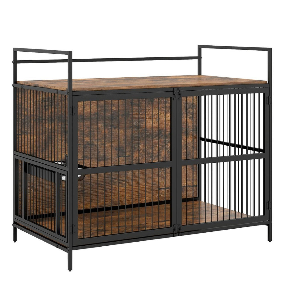 Wooden Dog Crate Furniture for Medium Dogs with Bowls and Rotatable Holder Dog