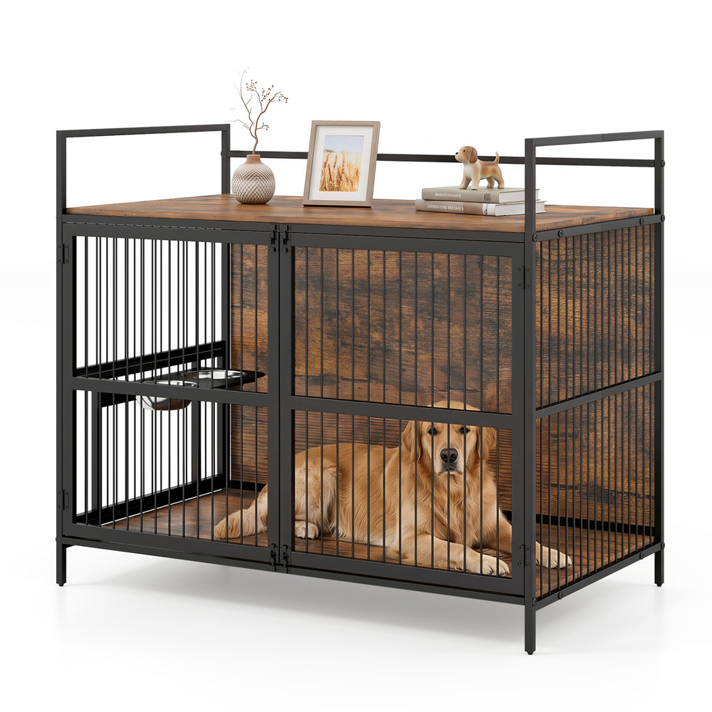 Wooden Dog Crate Furniture for Medium Dogs with Bowls and Rotatable Holder Dog - view 4
