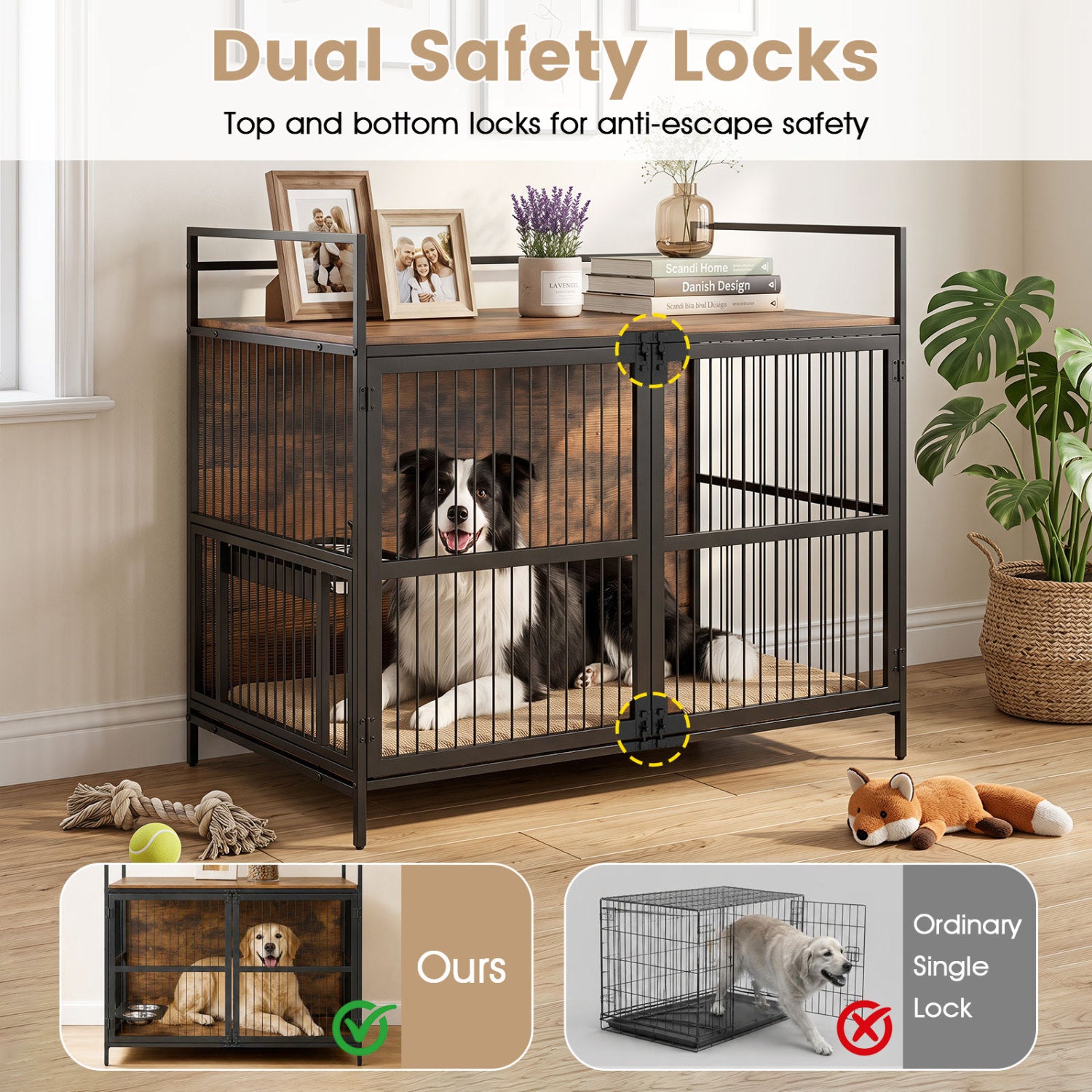 Wooden Dog Crate Furniture for Medium Dogs with Bowls and Rotatable Holder Dog - view 7
