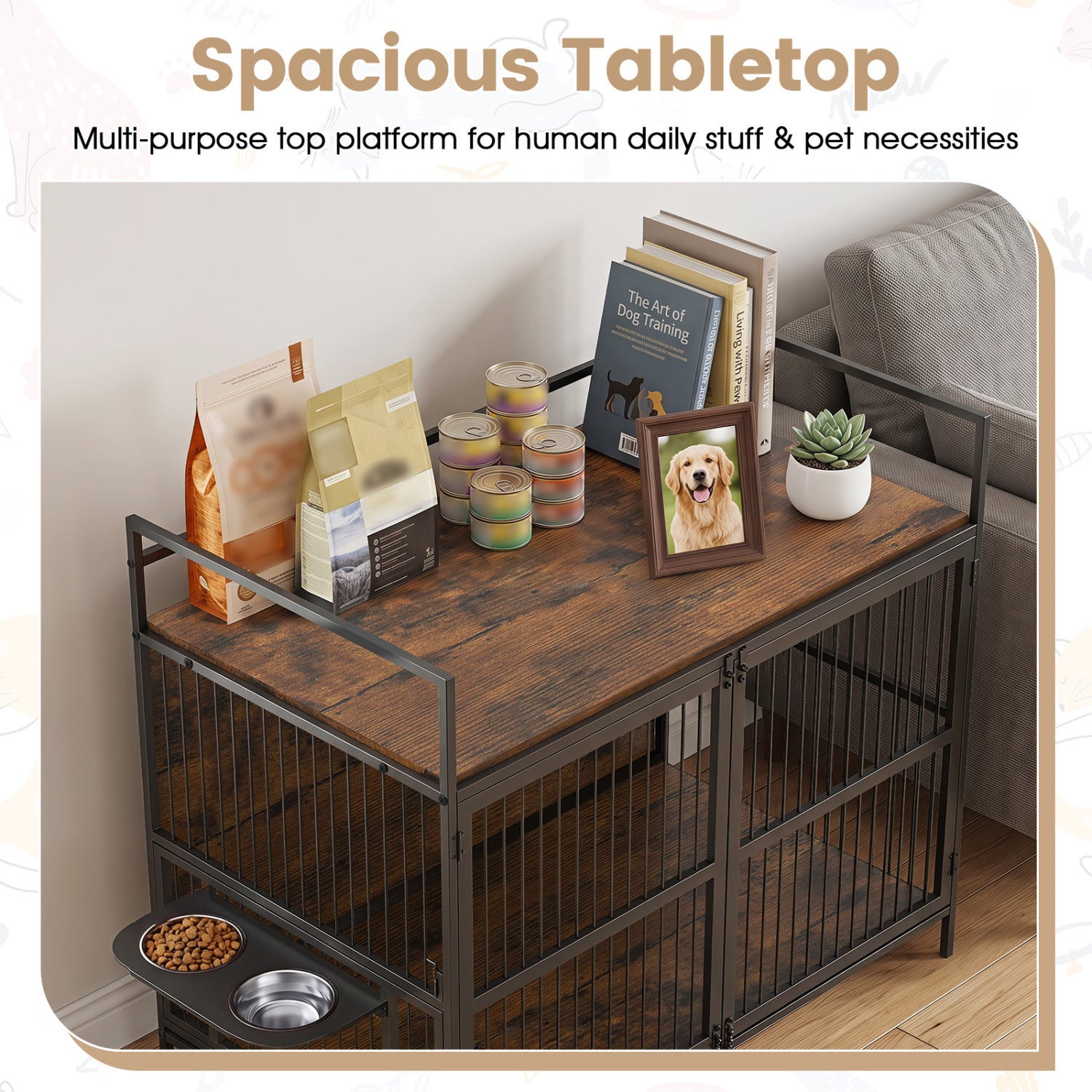 Wooden Dog Crate Furniture for Medium Dogs with Bowls and Rotatable Holder Dog - view 8