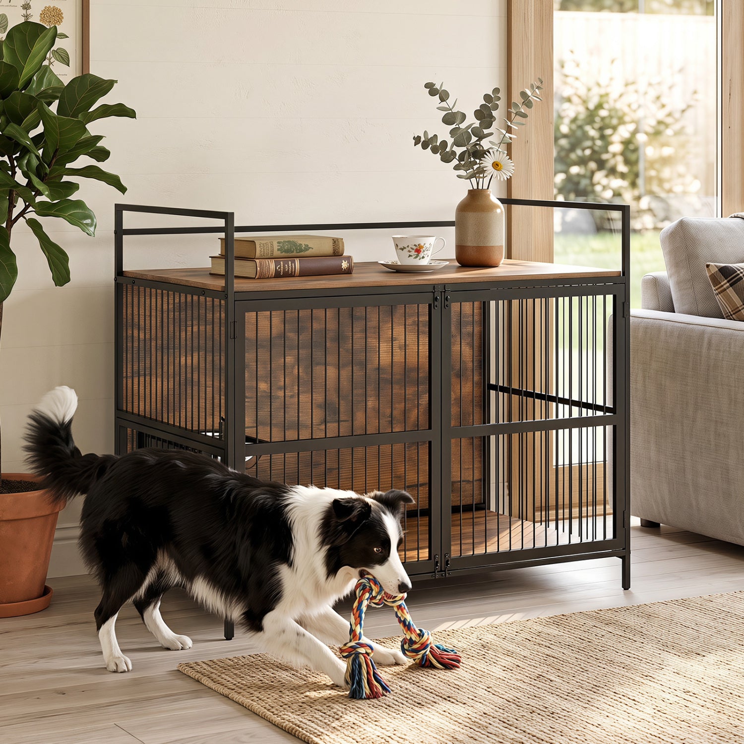 Wooden Dog Crate Furniture for Medium Dogs with Bowls and Rotatable Holder Dog - view 3