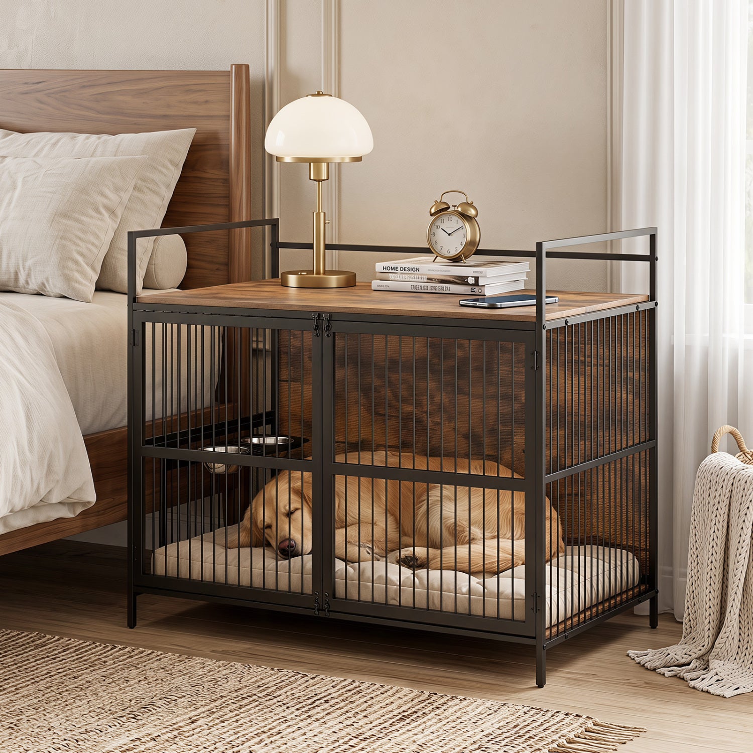 Wooden Dog Crate Furniture for Medium Dogs with Bowls and Rotatable Holder Dog - view 2