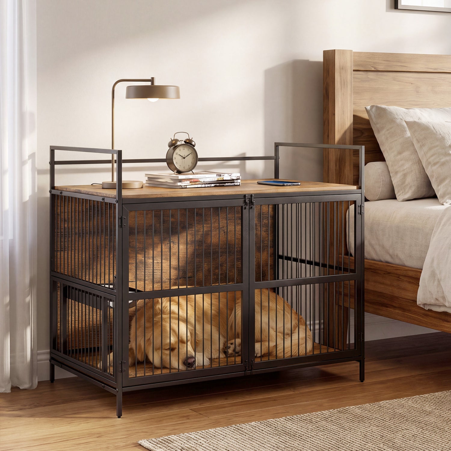 Wooden Dog Crate Furniture for Medium Dogs with Bowls and Rotatable Holder Dog - view 6