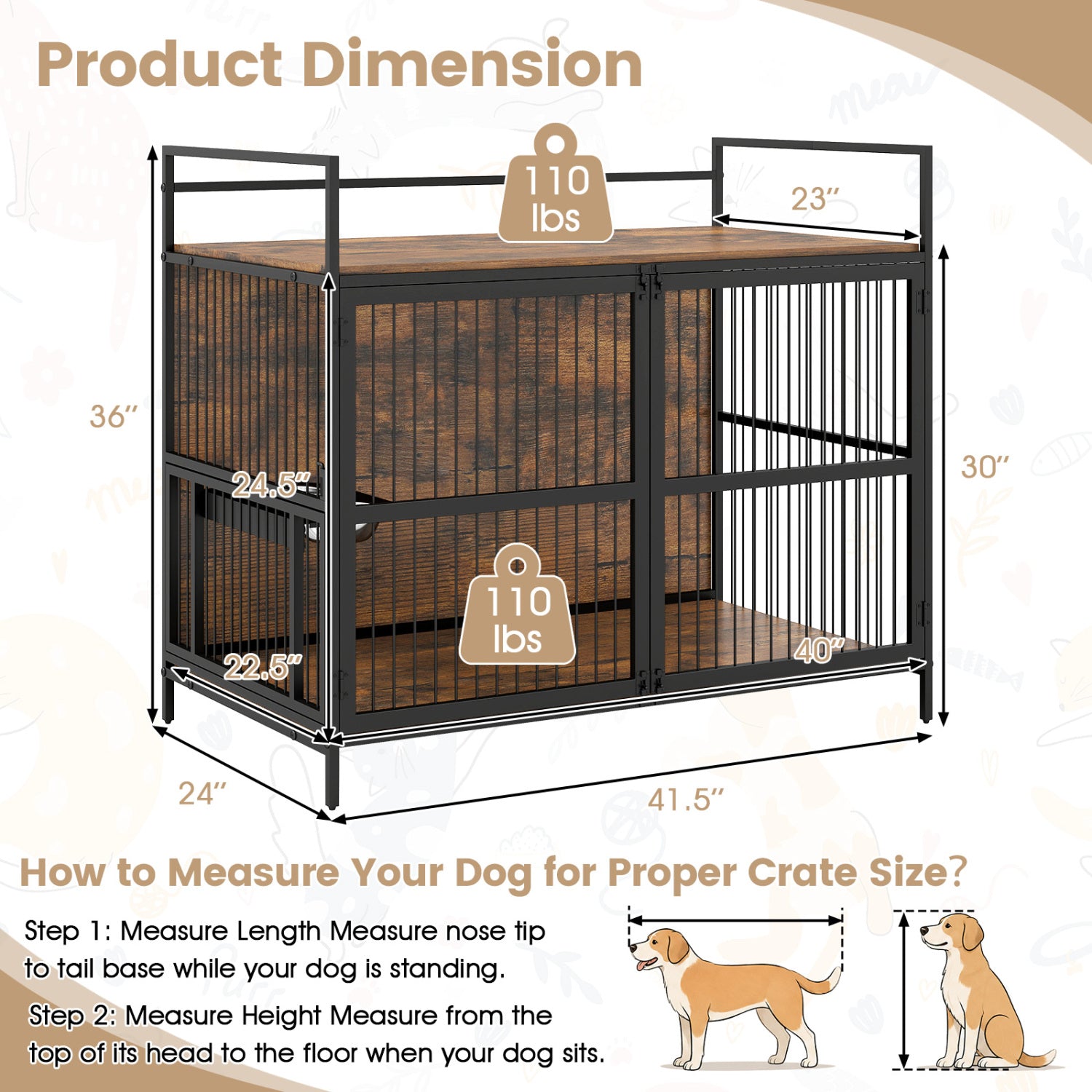 Wooden Dog Crate Furniture for Medium Dogs with Bowls and Rotatable Holder Dog - view 5