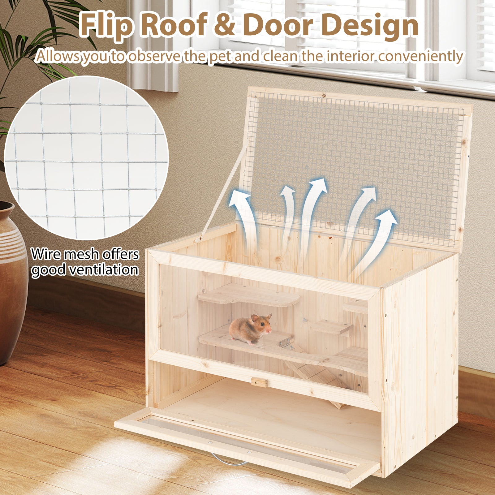 Wooden Hamster Cage with Mesh Flip Roof Dog Crate - view 6