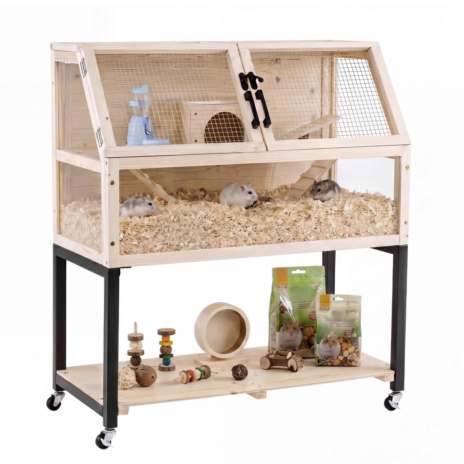 Wooden Hamster Cage 2-Tier Small Animal Habitat with Casters Dog Crate
