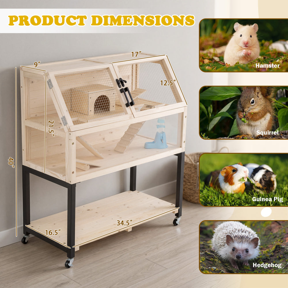 Wooden Hamster Cage 2-Tier Small Animal Habitat with Casters Dog Crate - view 4