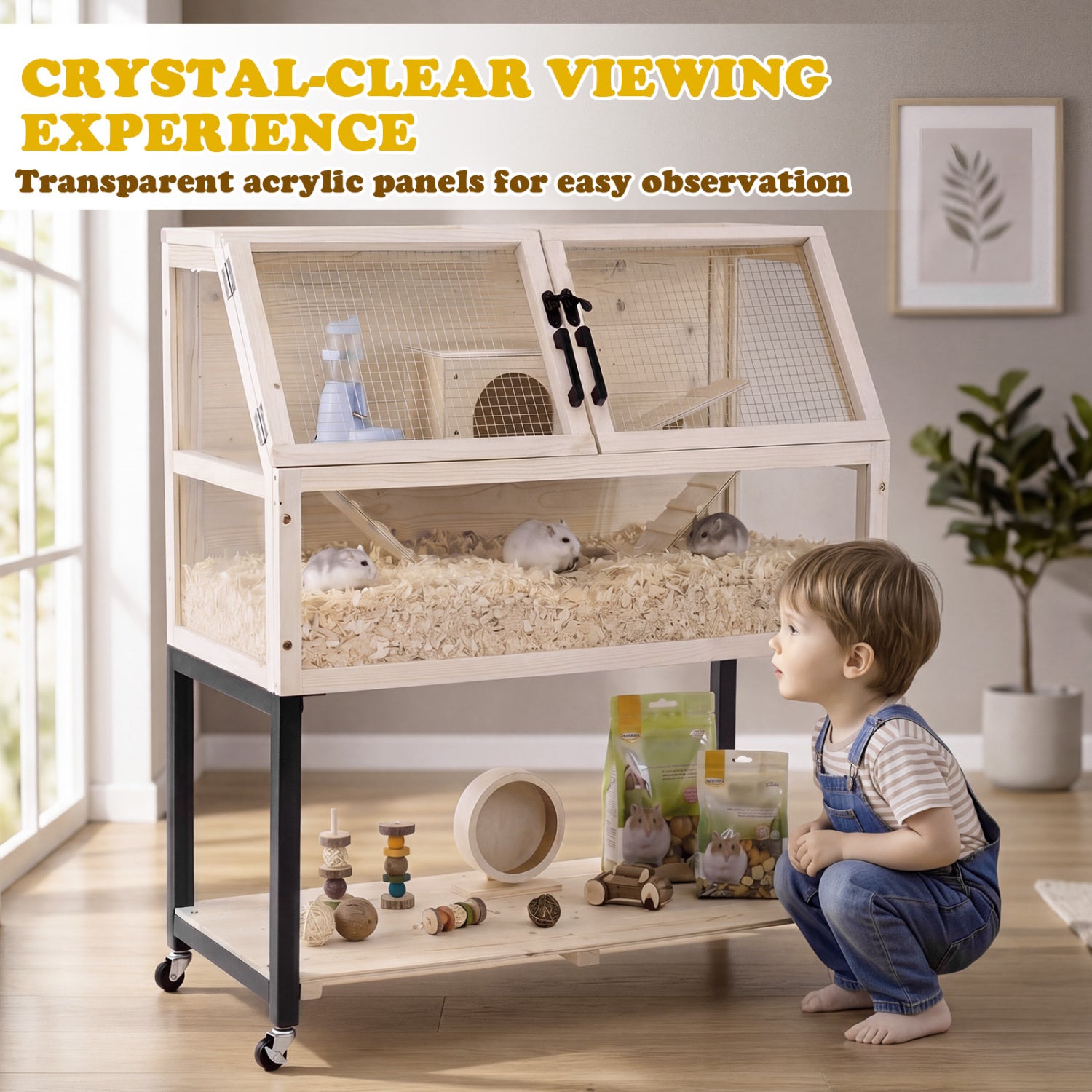 Wooden Hamster Cage 2-Tier Small Animal Habitat with Casters Dog Crate - view 5