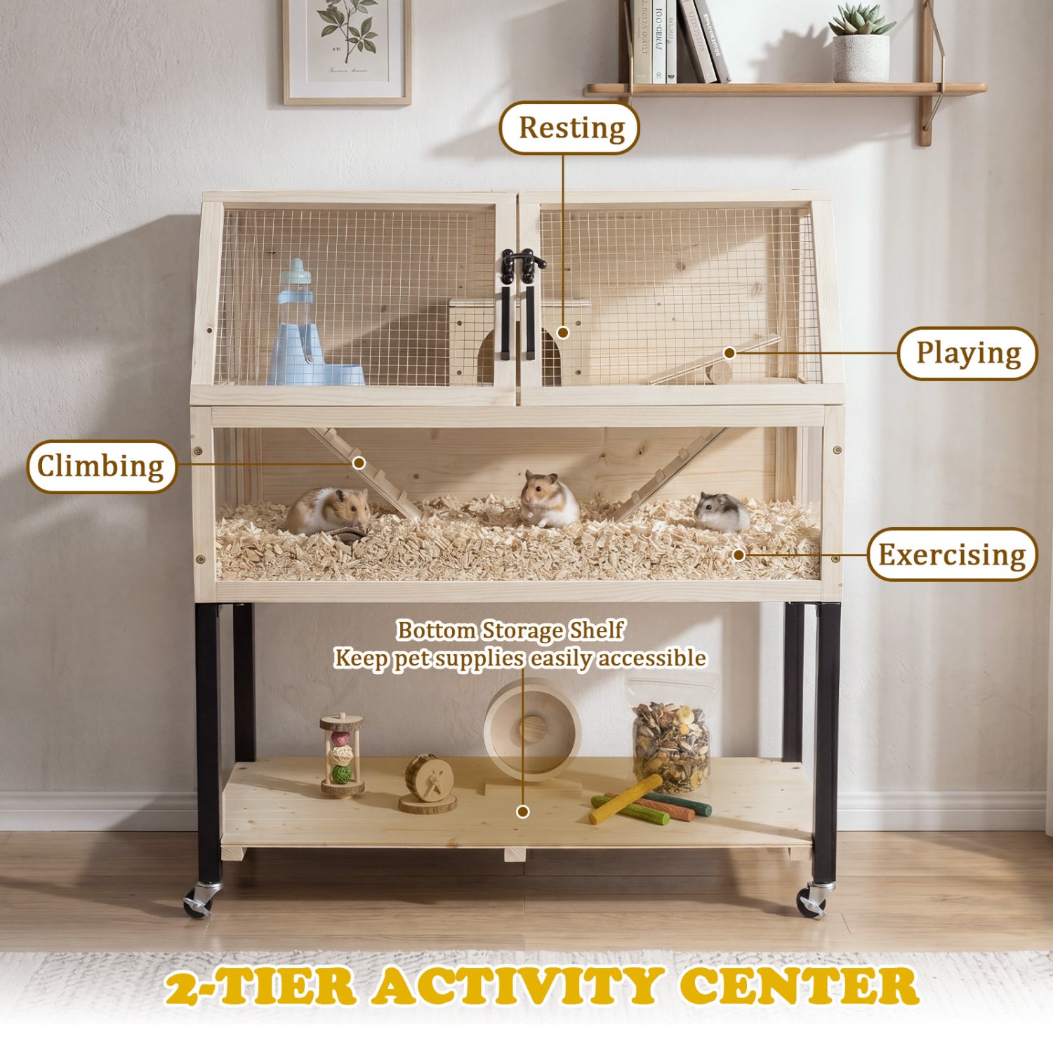 Wooden Hamster Cage 2-Tier Small Animal Habitat with Casters Dog Crate - view 6