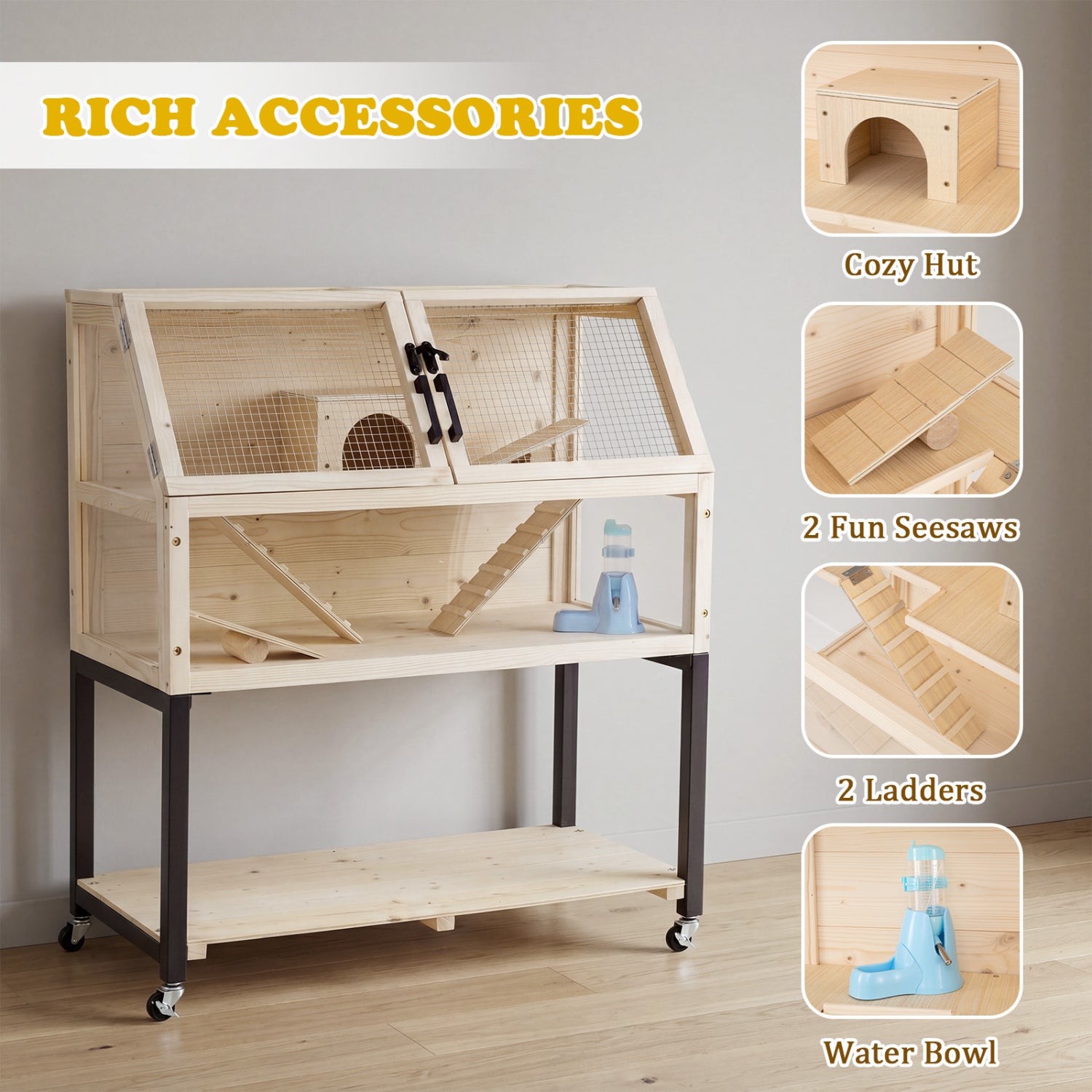 Wooden Hamster Cage 2-Tier Small Animal Habitat with Casters Dog Crate - view 7