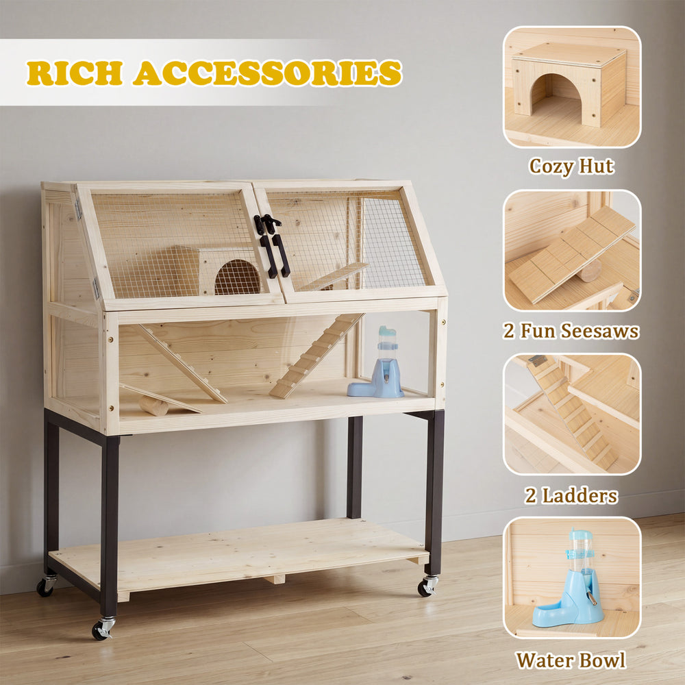 Wooden Hamster Cage 2-Tier Small Animal Habitat with Casters Dog Crate - view 7
