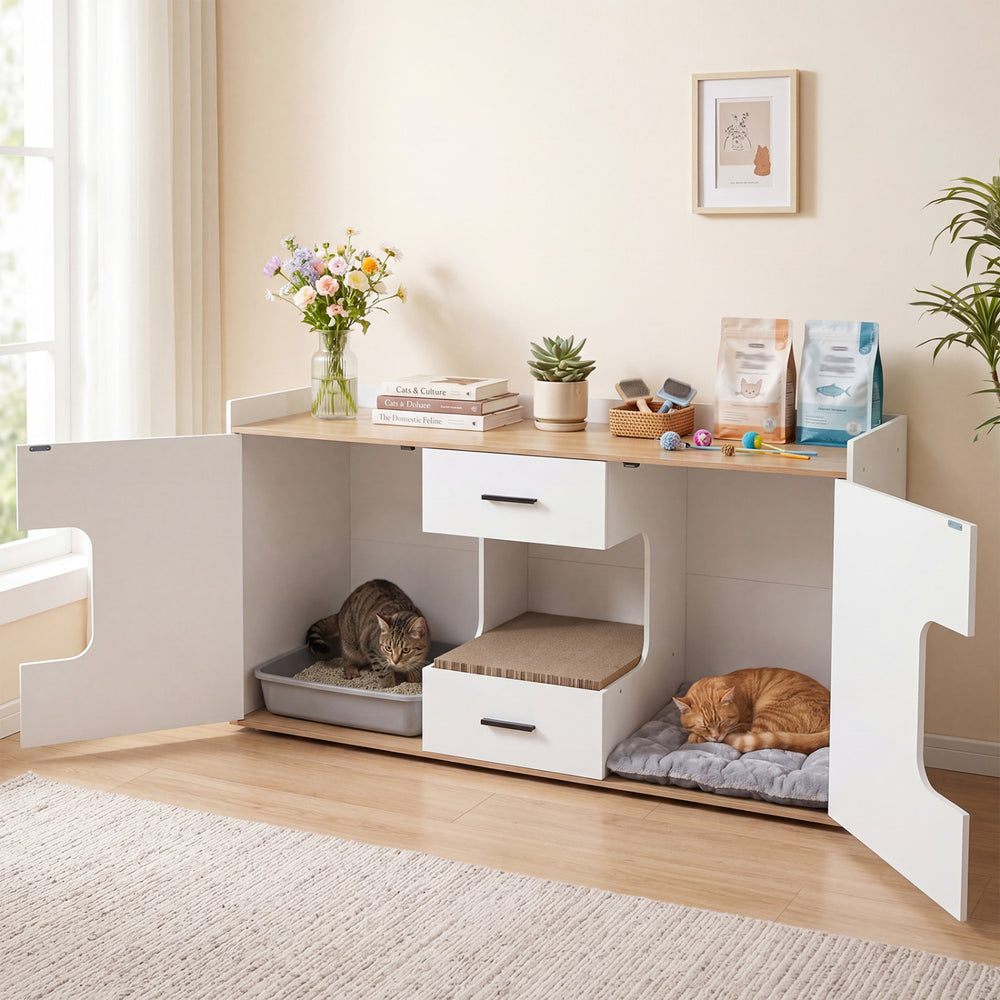 Wooden Hidden Cat House Cabinet with Wide Countertop 2 Drawers and 2 - view 2
