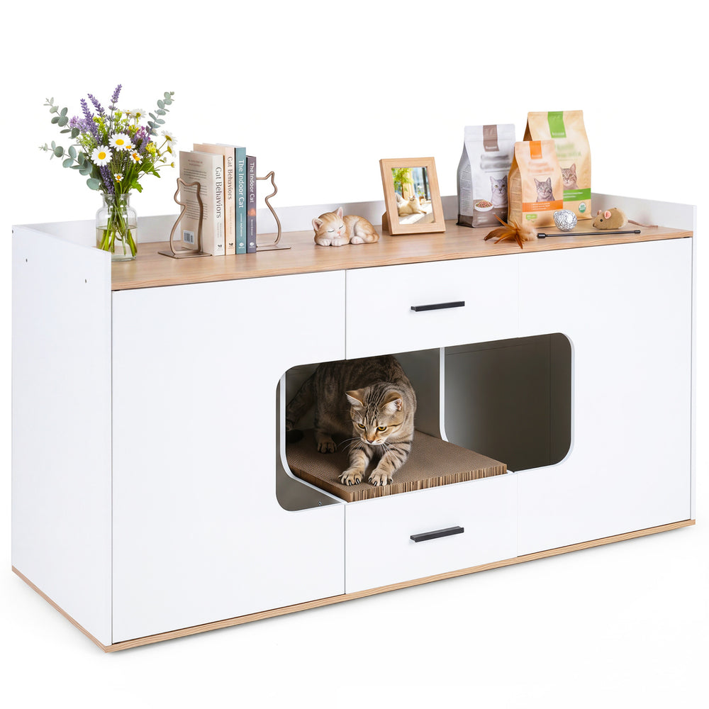 Wooden Hidden Cat House Cabinet with Wide Countertop 2 Drawers and 2