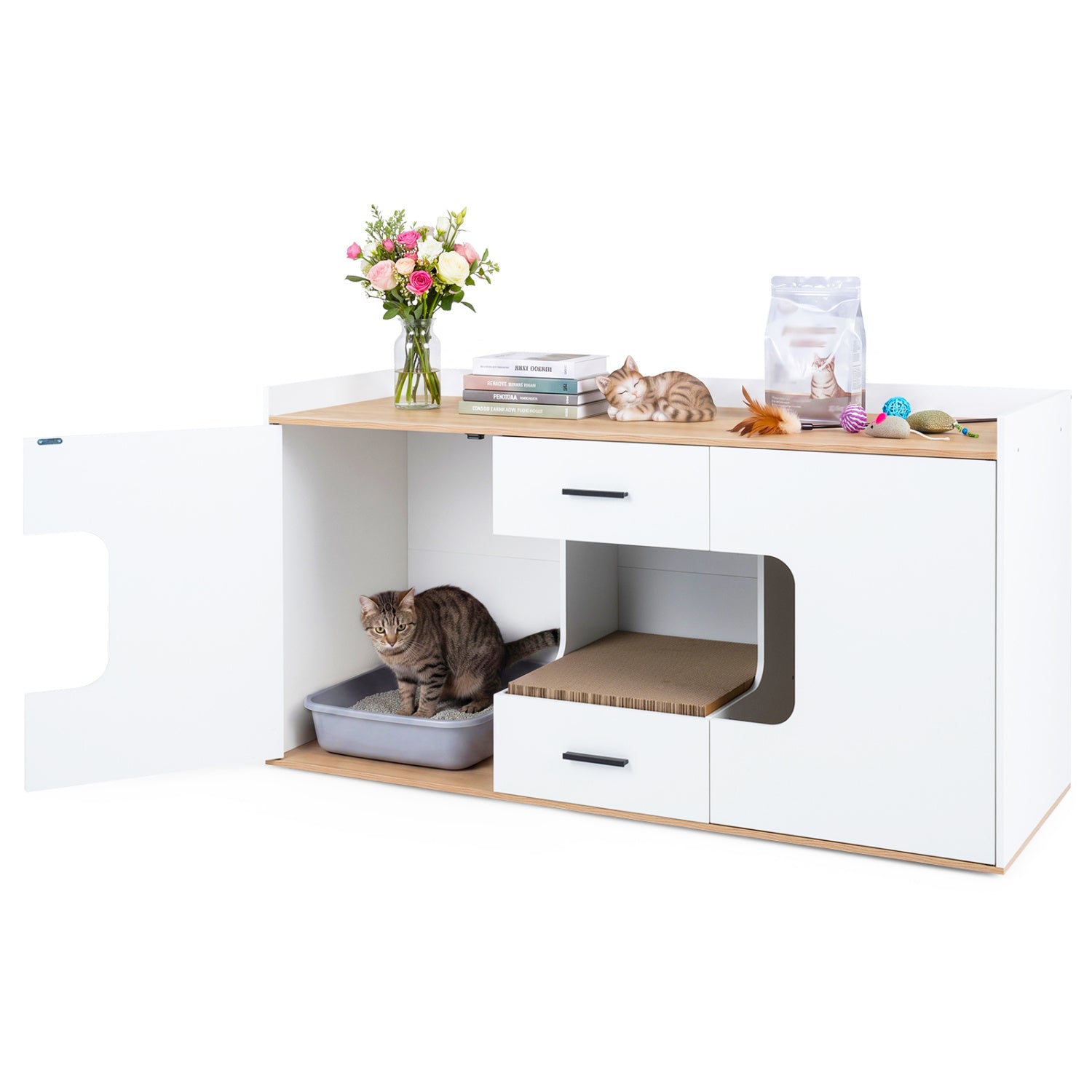 Wooden Hidden Cat House Cabinet with Wide Countertop 2 Drawers and 2 - view 3