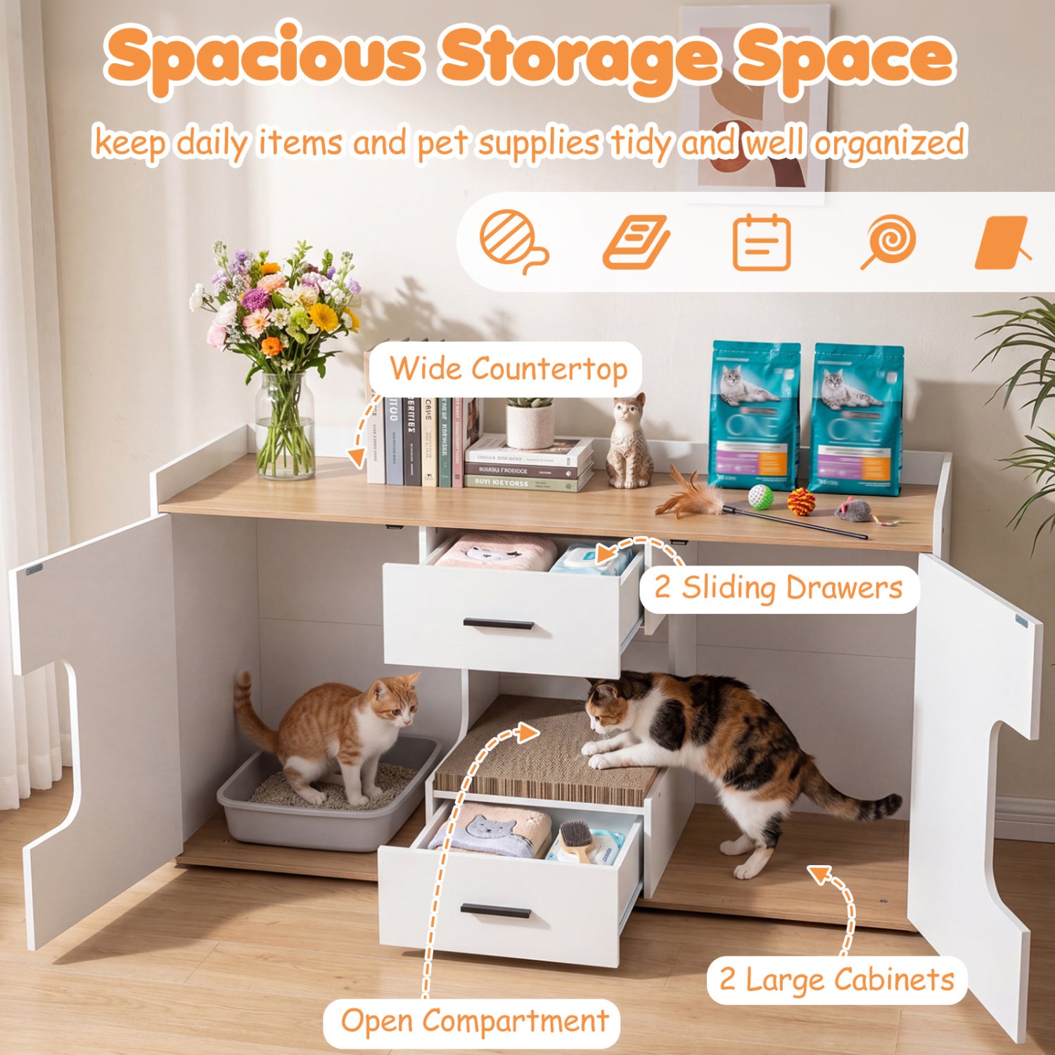 Wooden Hidden Cat House Cabinet with Wide Countertop 2 Drawers and 2 - view 5