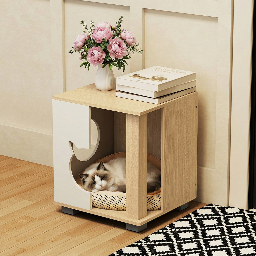 Wooden Semi-enclosed Cat Condo with Kitty Head-shaped Entry and Metal Legs Cat - view 3