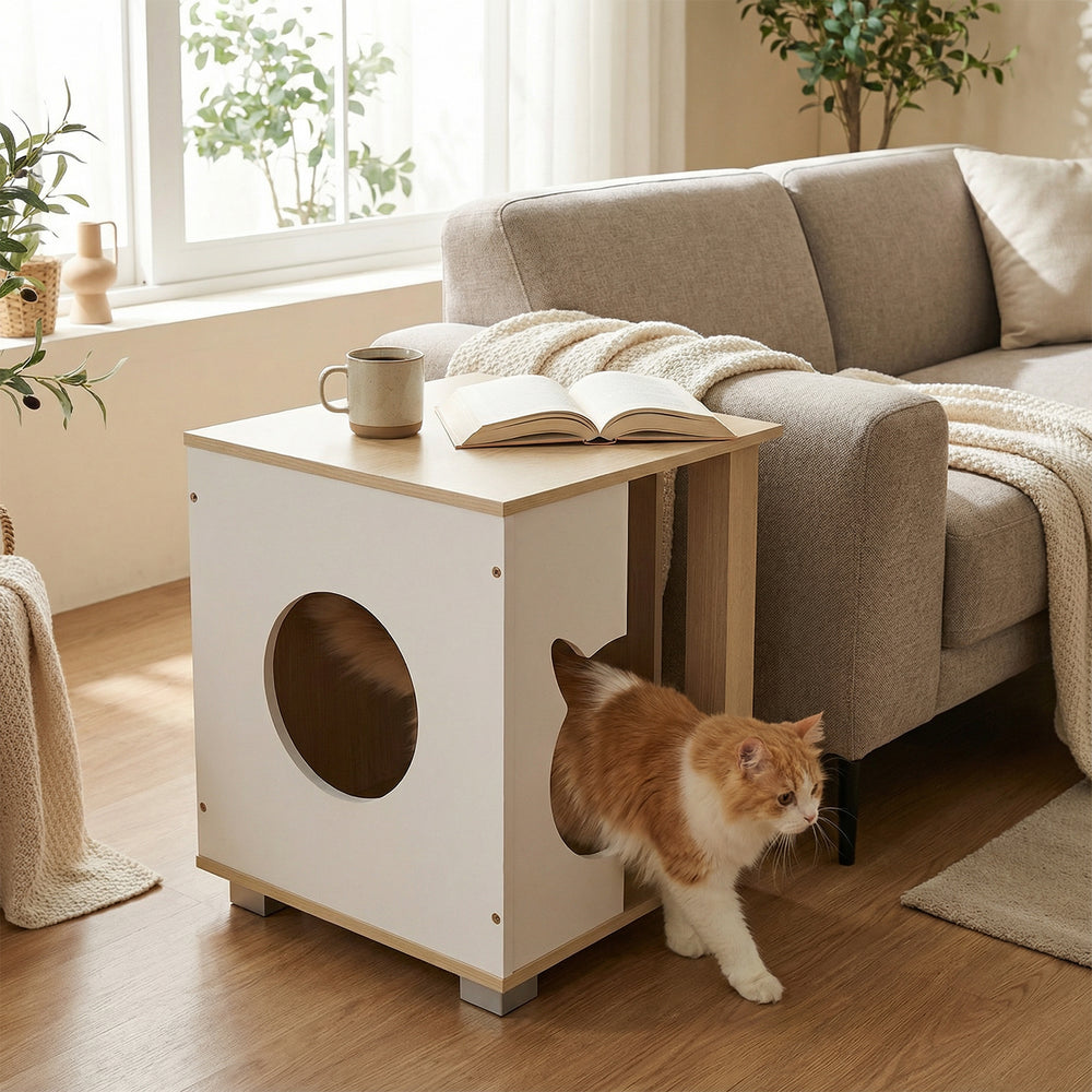 Wooden Semi-enclosed Cat Condo with Kitty Head-shaped Entry and Metal Legs Cat - view 6