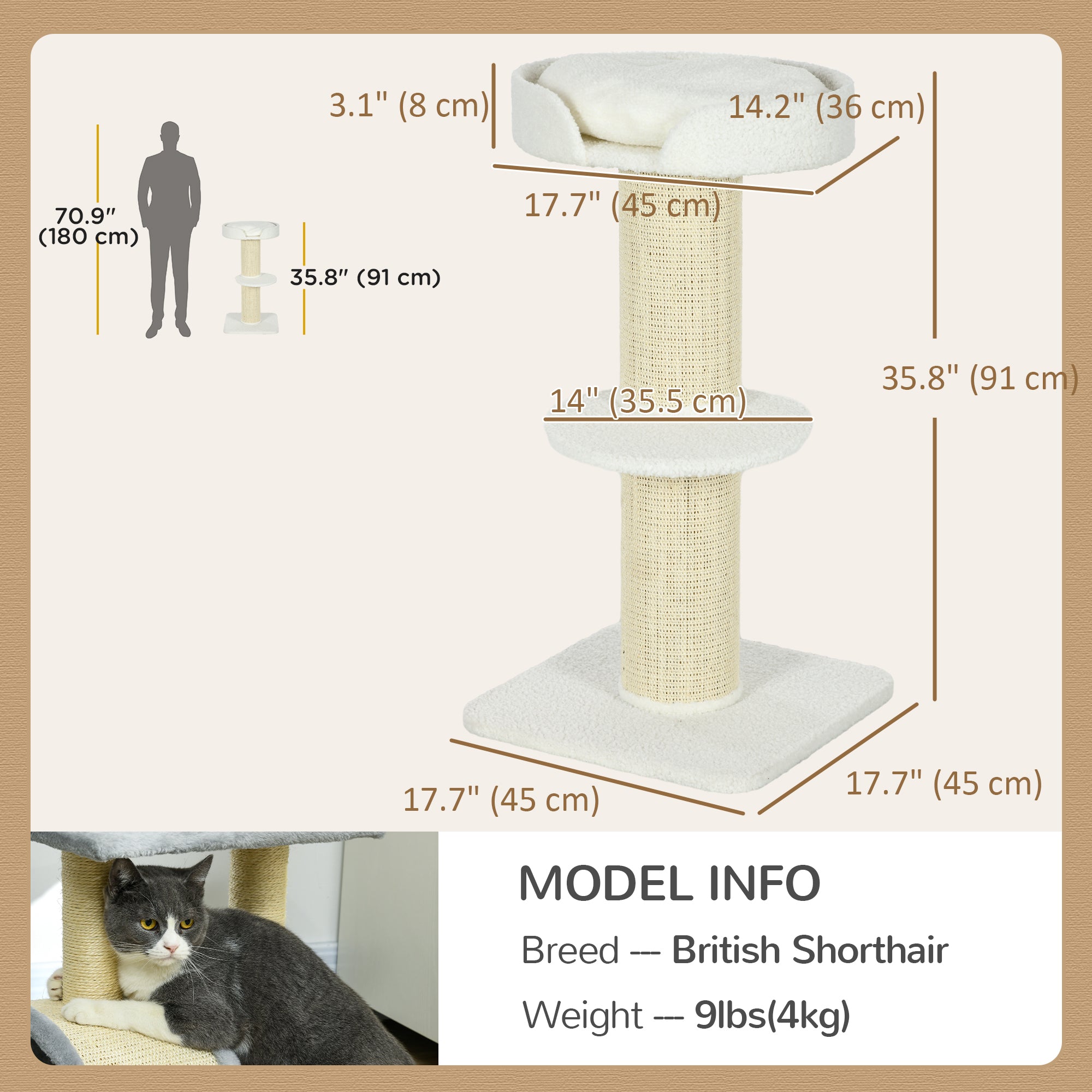 Cat Tree Kitty Tower with Sisal Mat Scratching Post, Cat Bed, Cushion, Perch - view 2