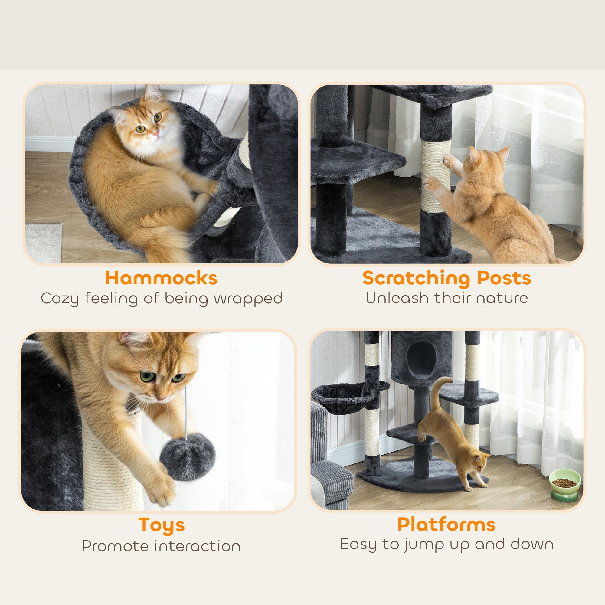 62" Cat Tree with Scratching Post, 2 Condos, Hammock, Perches, Plush, Pompoms - view 6