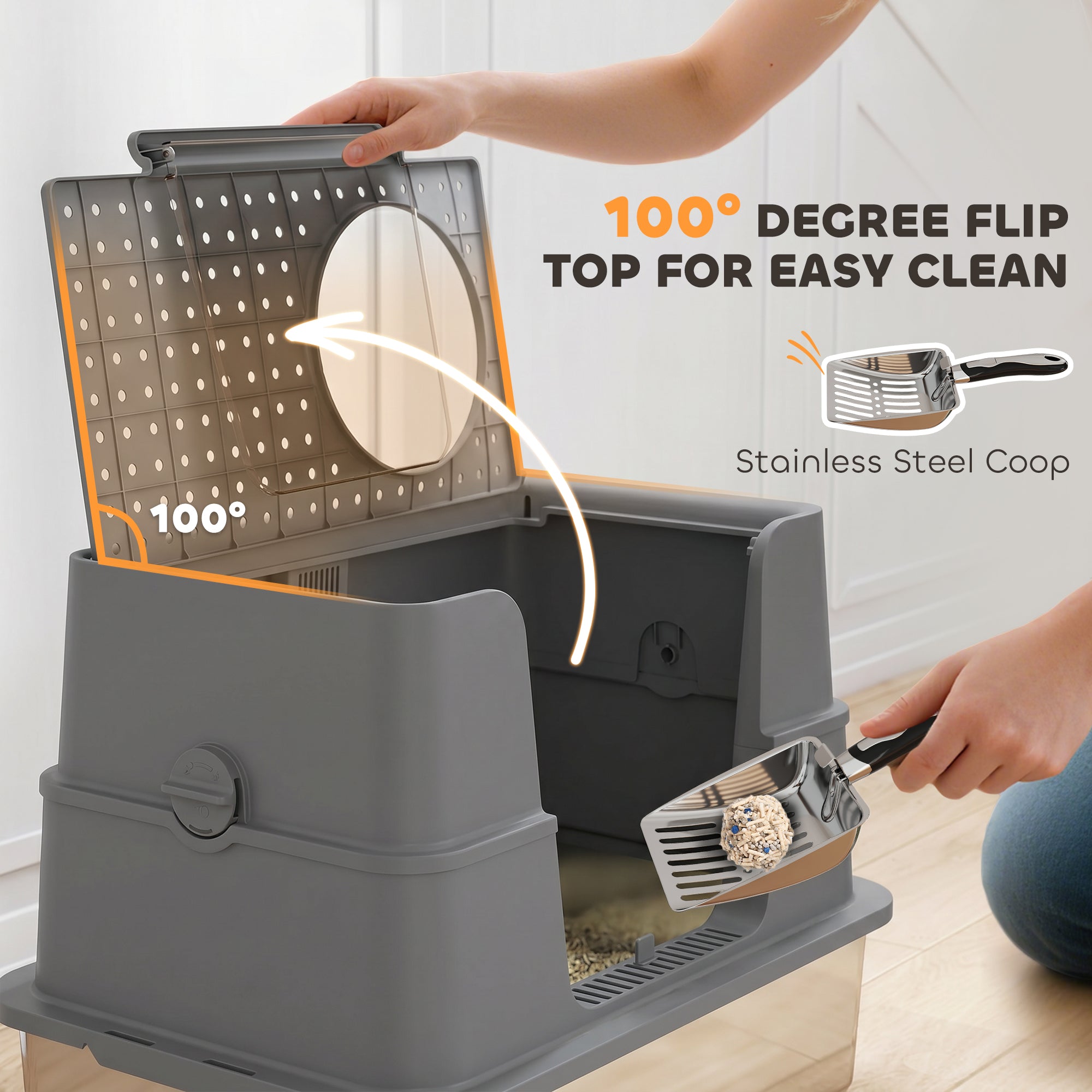 XL Stainless Steel Litter Box w/ 100 deg Flip Top, Scoop, Side Top Dual Entry - view 5