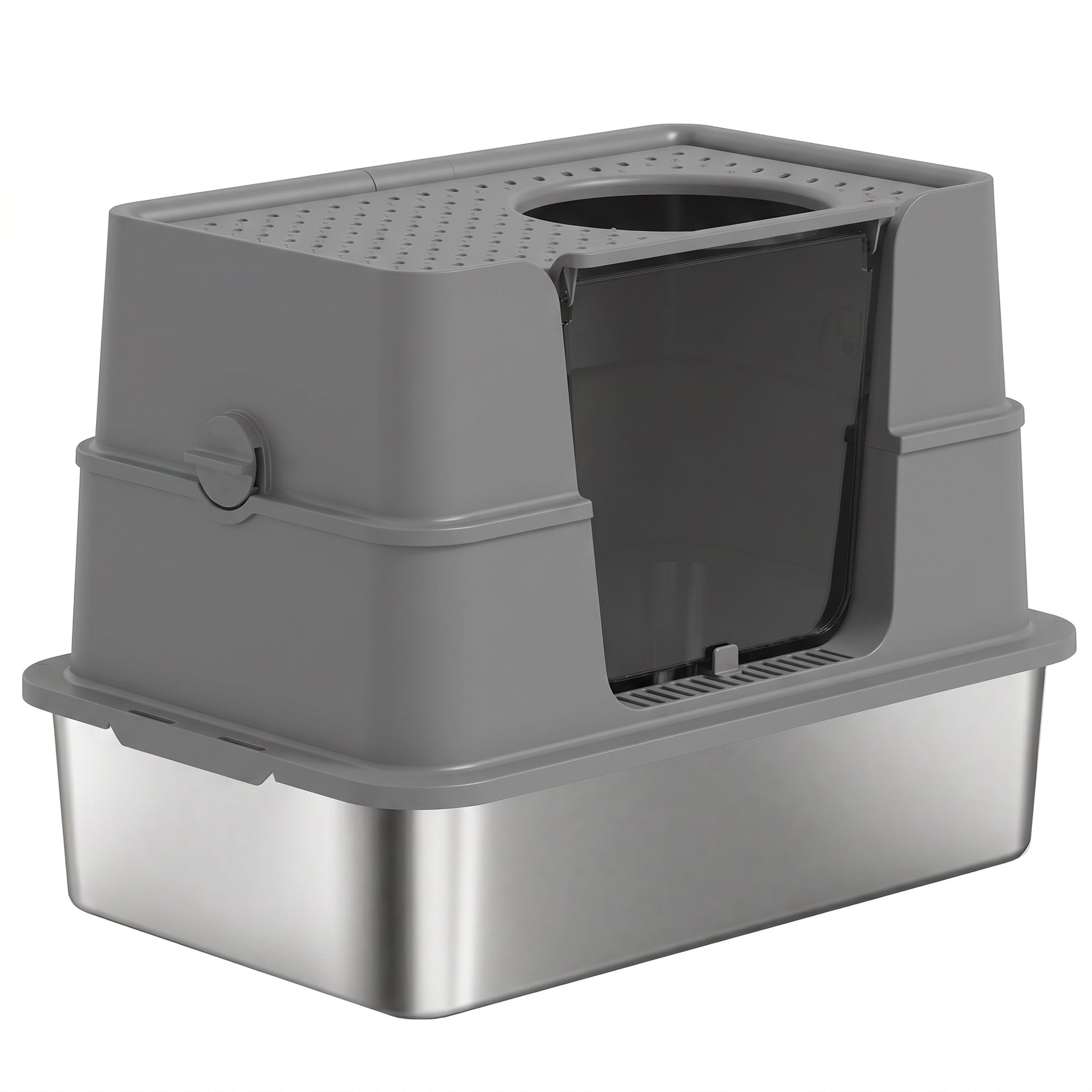 XL Stainless Steel Litter Box w/ 100 deg Flip Top, Scoop, Side Top Dual Entry