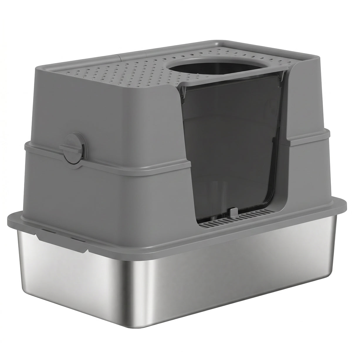 XL Stainless Steel Litter Box w/ 100 deg Flip Top, Scoop, Side Top Dual Entry