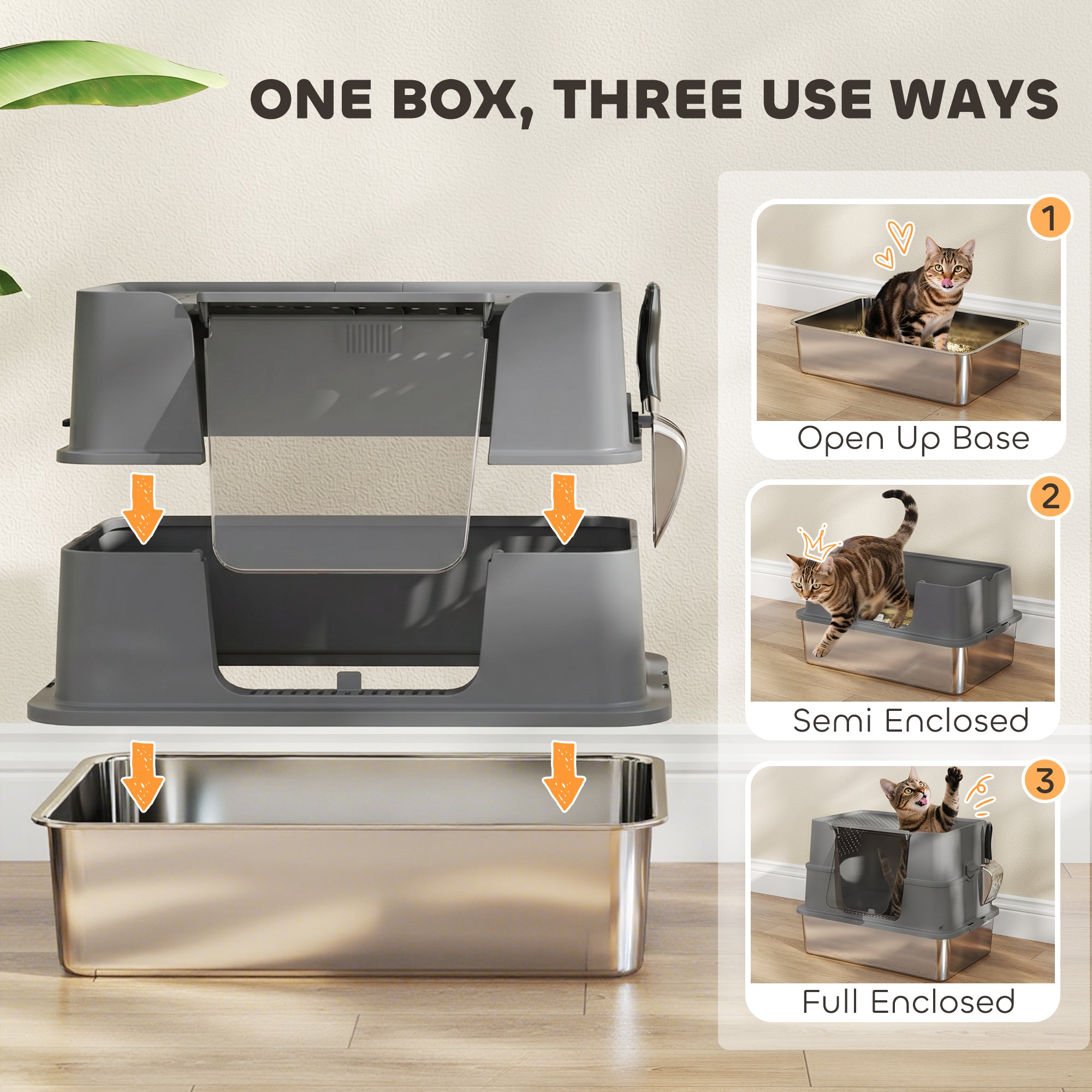 XL Stainless Steel Litter Box w/ 100 deg Flip Top, Scoop, Side Top Dual Entry - view 4