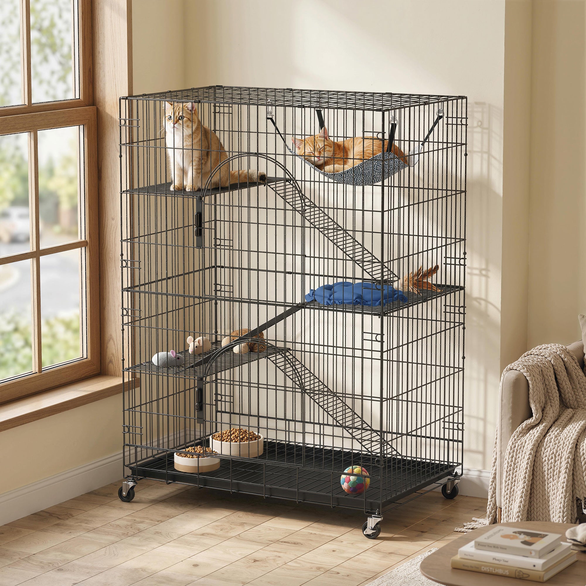 4-Tier Cat Cage, Large Cat Enclosure with Lockable Wheels, Tray, Hammock, Bed - view 7