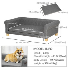 Modern Pet Sofa Cat or Medium Large Dog Bed W/ Removable Seat Cushion, Dark - view 2