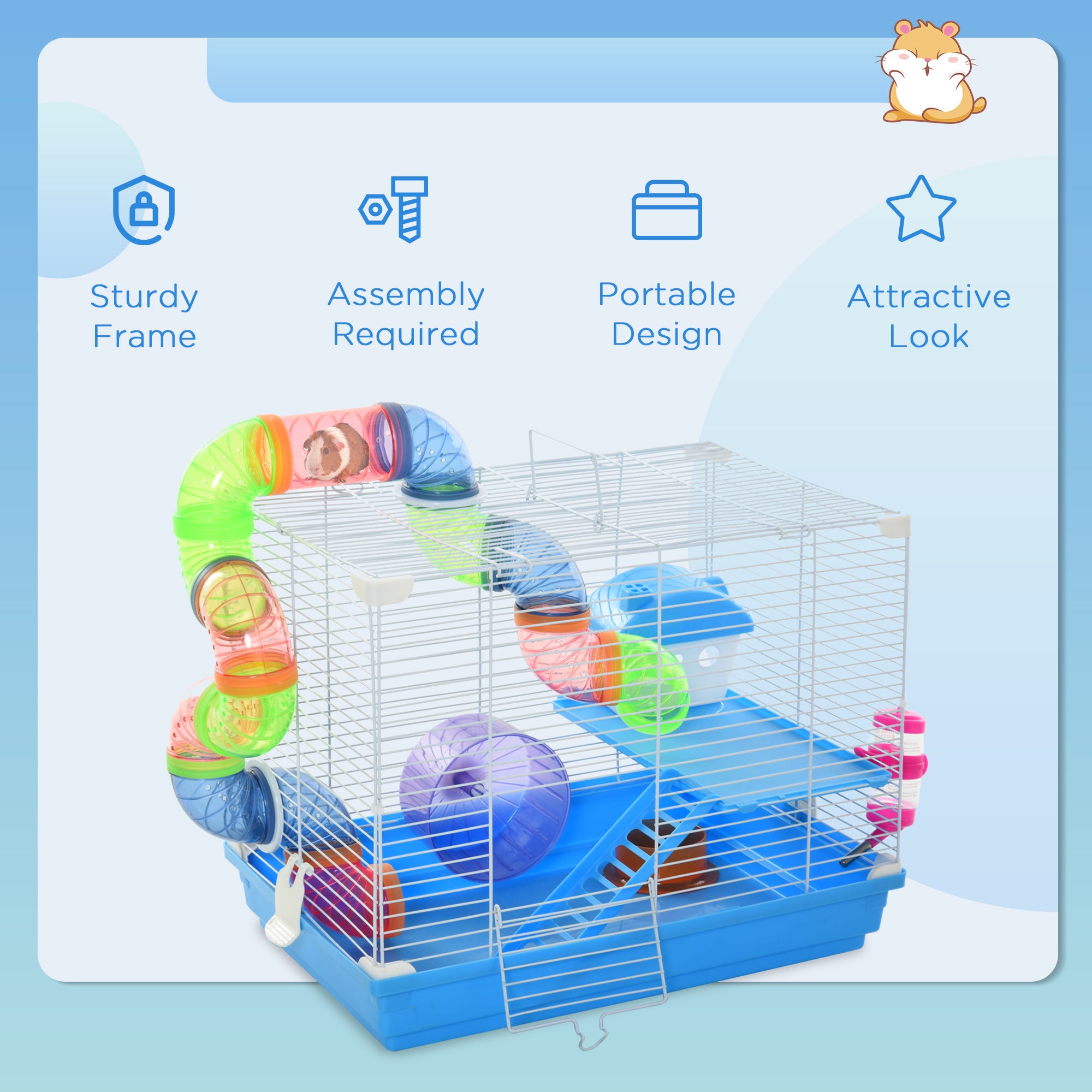 18"L Hamster Cage, Small Animal House, 2-Level Rat Gerbil Haven with Tunnel - view 6