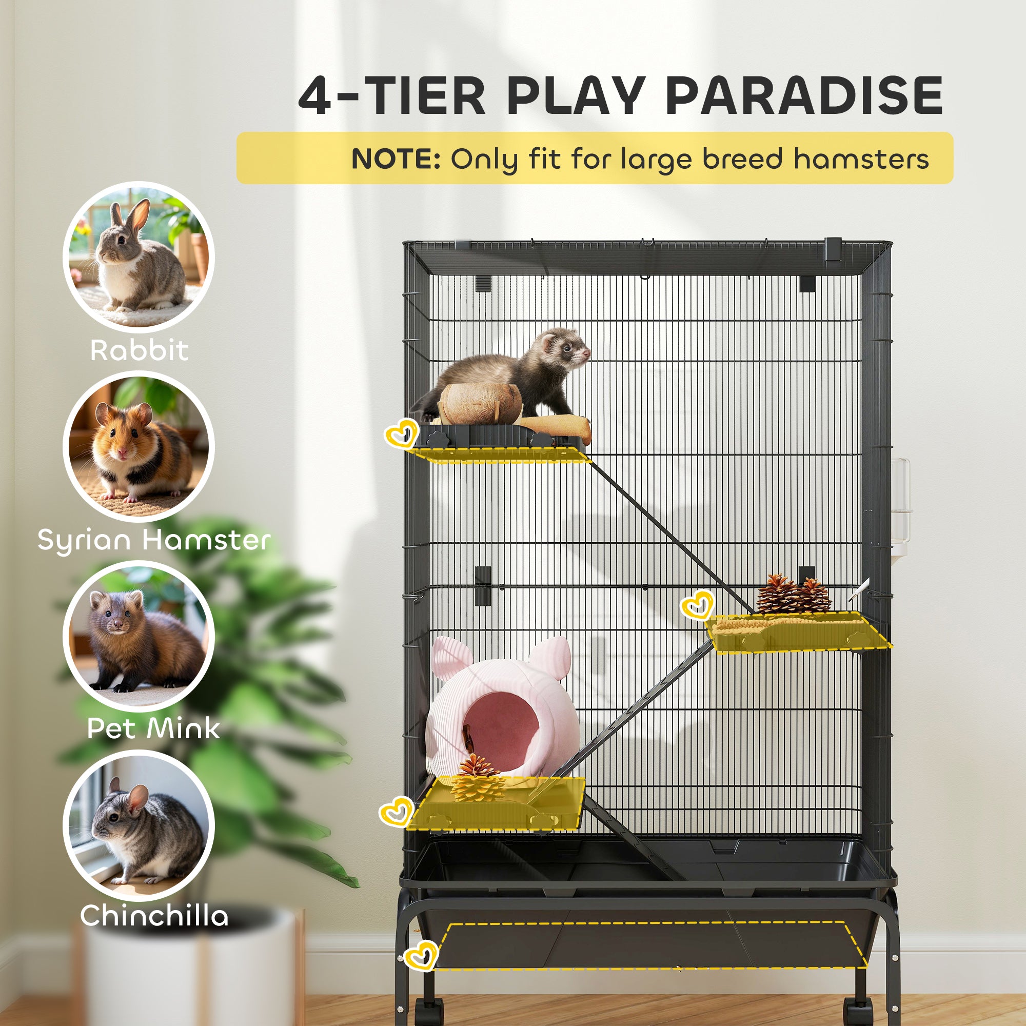 47"H Ferret Cage, Large 4-Tier Guinea Pig Cage with Wheels, Ramps, Bowl, Water - view 3