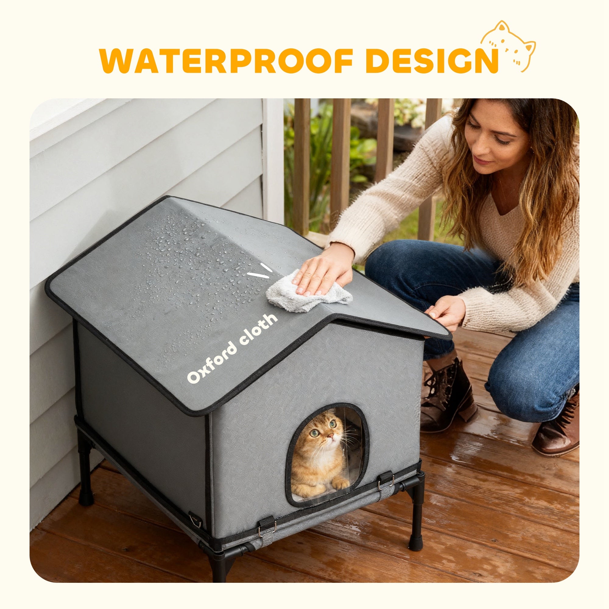 Outdoor Cat House, Waterproof Insulated Cat Kennel with Elevated Base, Foldable - view 5