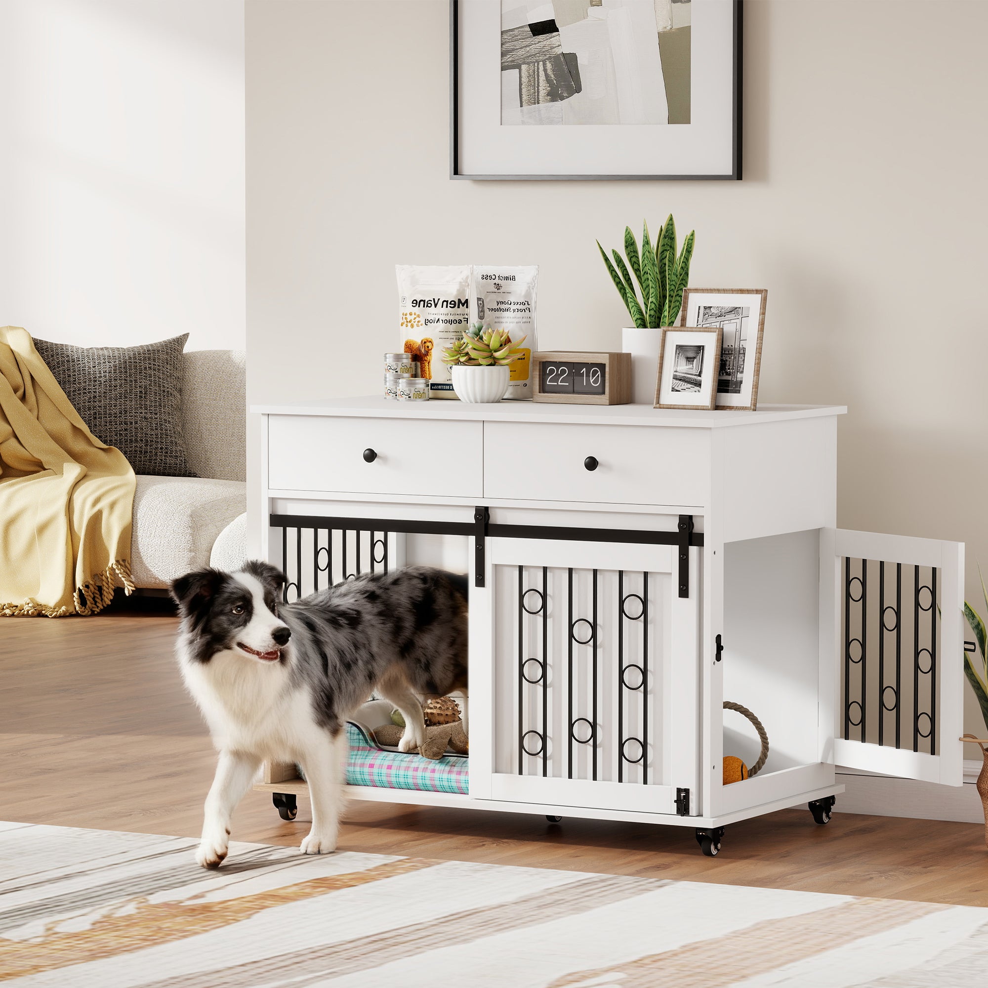 39" Dog Crate Furniture, Dog Kennel Indoor with 2 Drawers, Wheels, Sliding - view 7
